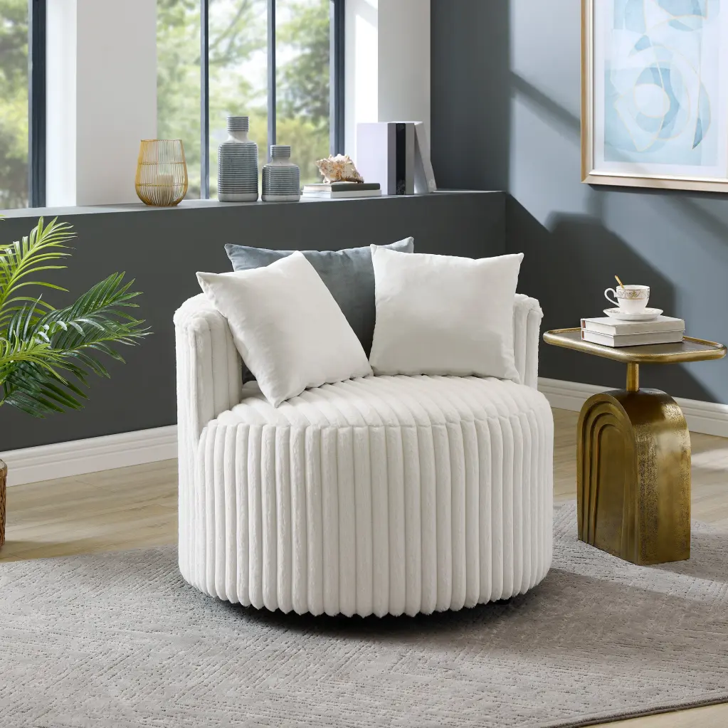 Malna Plush Wide Wale Corduroy Upholstered Barrel Accent Chair White hz