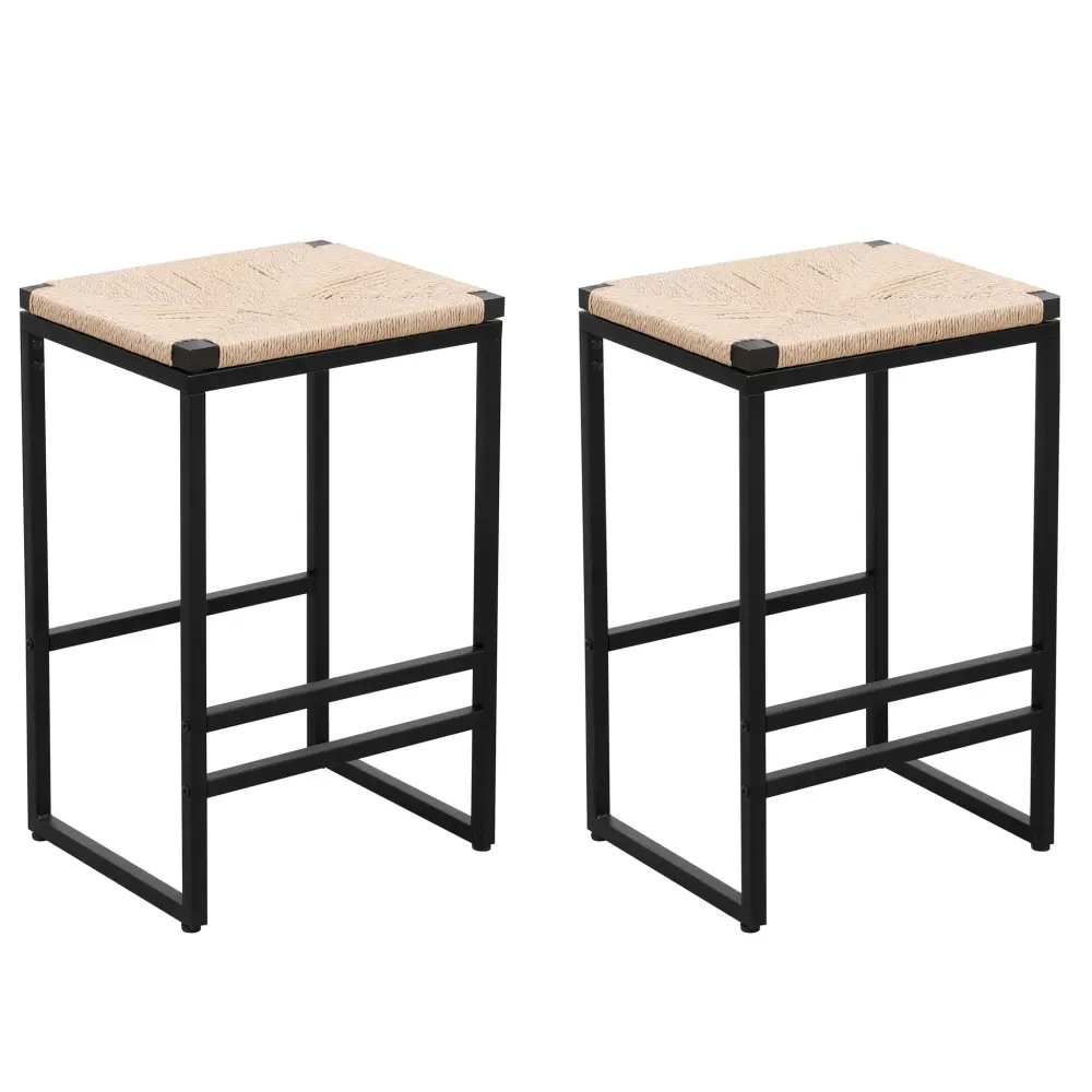 Boho Style Backless Bar Stools place 2) Paper Rope Woven Seat & Metal Frame Kitchen Counter