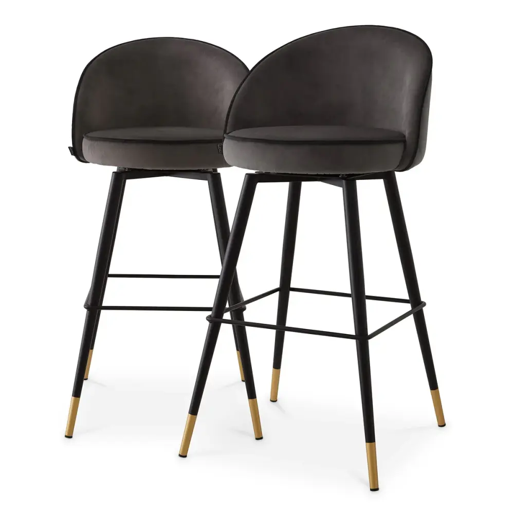 Cooper Set 2 Bar Stools - Dark Grey Roche Plush Solid Oak Wood