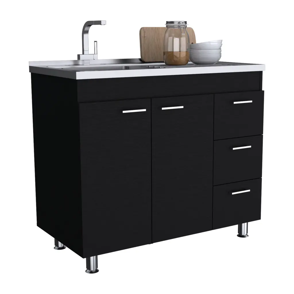 Double Door Base Cabinet Three Drawers Black Solid Timber depot e-shop