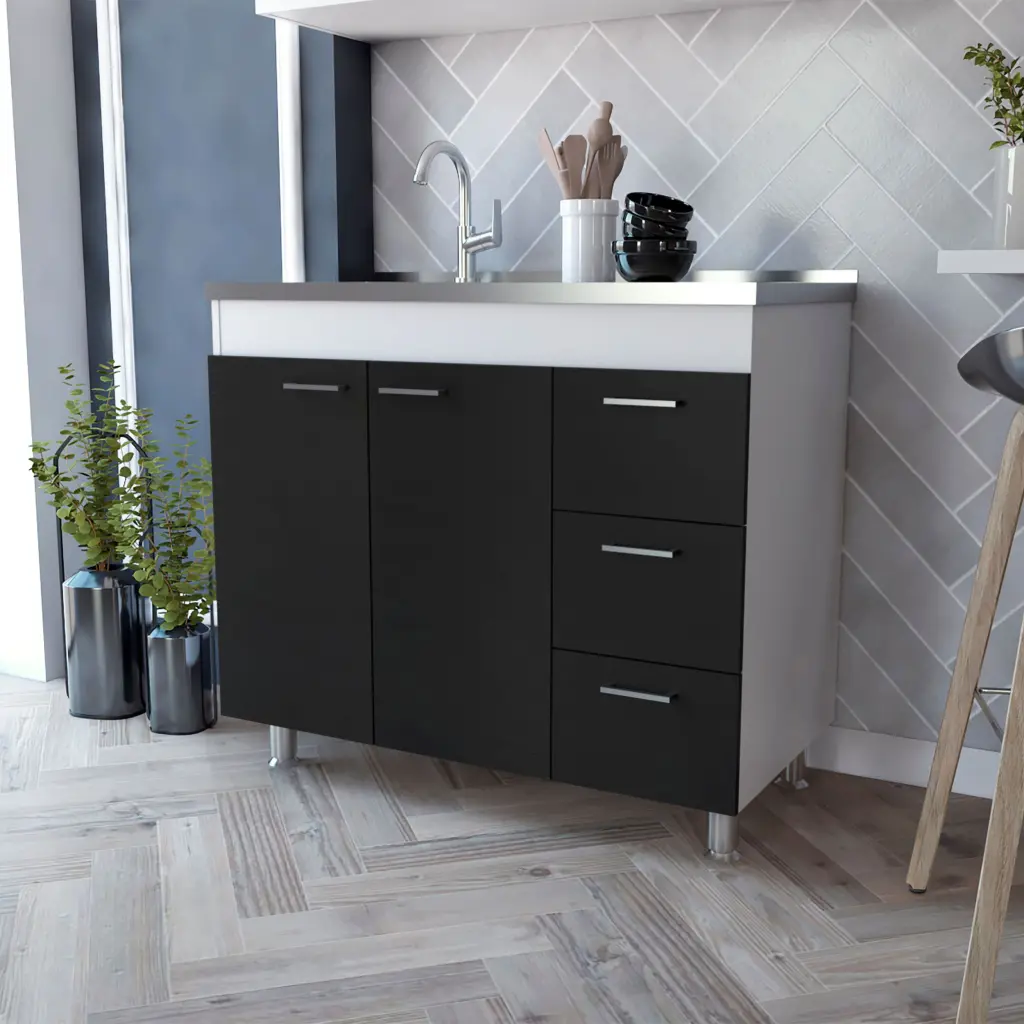 Ferretti Base Cabinet Three Drawers Double Door Four Legs White Black tuhome