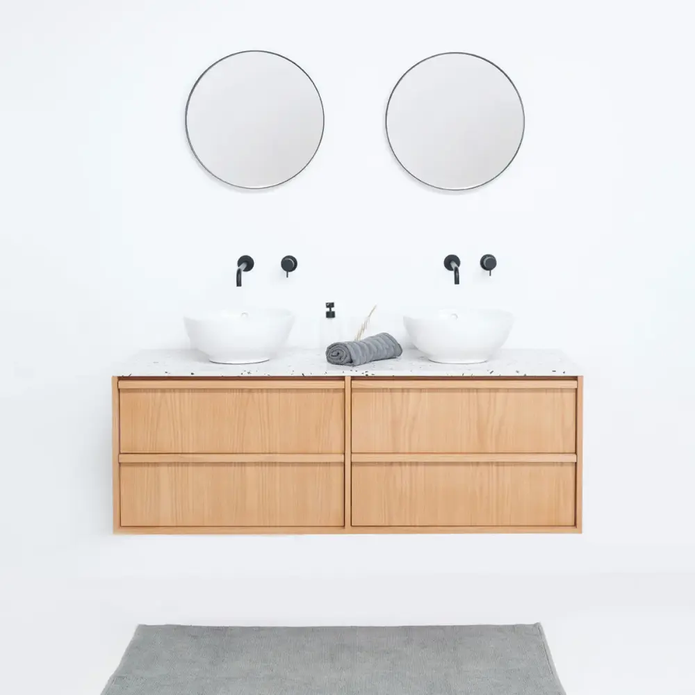 Scandinavian oak bathroom cabinet Fien - Alexis I bathe basins - White Terrazzo top plate - 150 cm