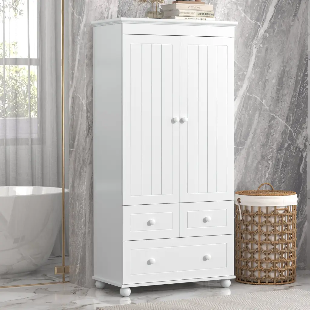 Tall Storage Cabinet Three Drawers Bathroom Office White by