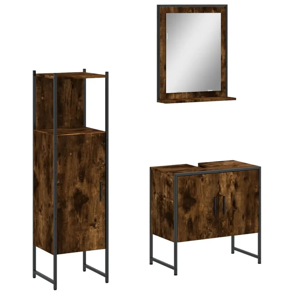3 Piece Bathroom Cabinet Set Smoked Oak Engineered Wood Storage Set