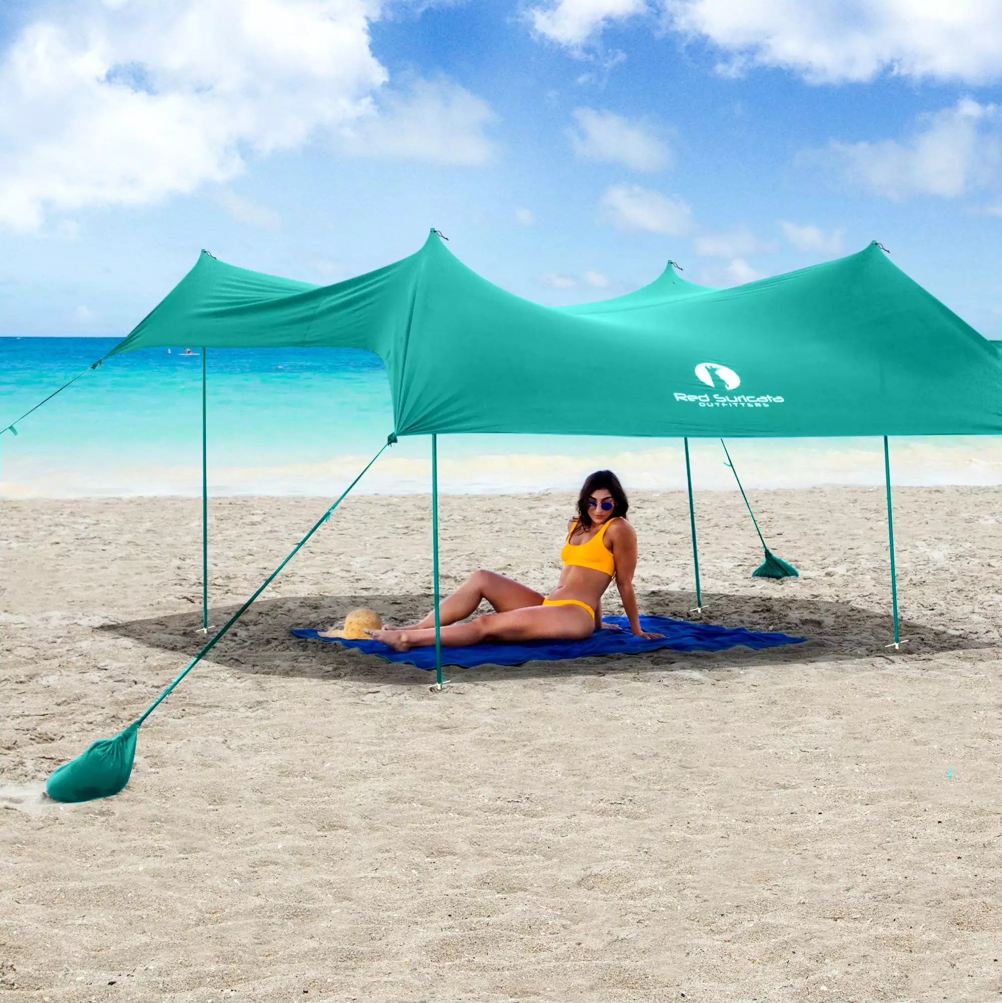 Red Suricata Turquoise Family Beach Sun Shade Canopy Tent Sand Anchors Large