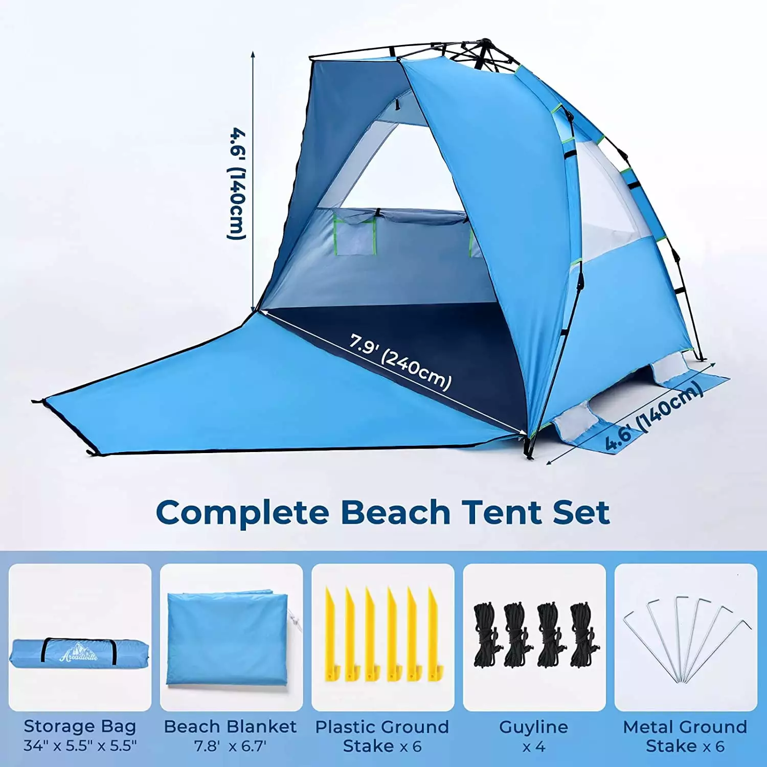 ArcadiVille 4 Person Pop Up Beach Tent Anti-UV Protection Portable Sun Shelter M