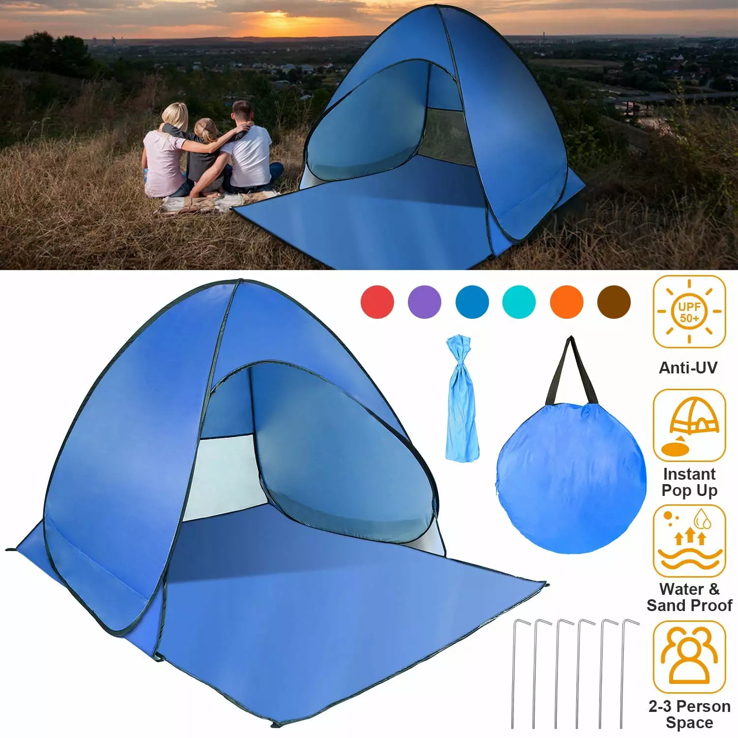 2-3 Person Pop up Beach Tent iMountek Sun Shelter Portable Waterproof Fishing Camping Tent Carry Bag