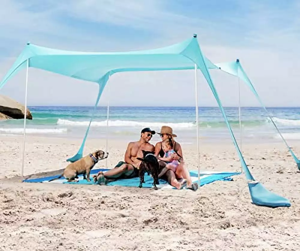 SUN NINJA 7x7.5 FT Pop Up Turquoise Beach Tent UPF50+ Shovel Pegs Stability Poles 10x10