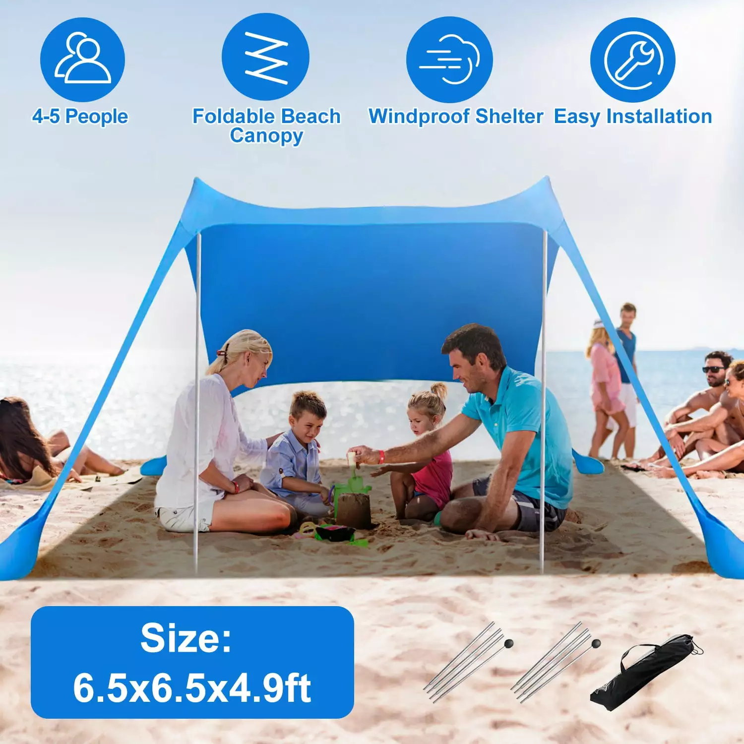 Zorpupoa Portable Beach Canopy Tent 6.5x6.5x4.9ft Foldable Rectangle Shade Sail 4 Sandbags and 2 Poles Outdoor Beach Patio 6