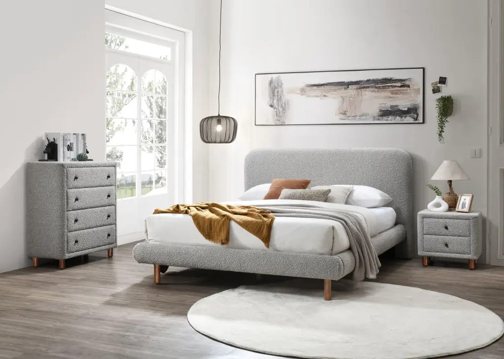 Cleo Queen Bed Gray Boucle Upholstered Bed Frame acme onsite store