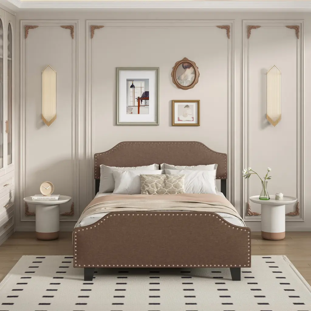 Upholstered Linen Queen Bed Frame Platform Bed Curved Headboard bedepot