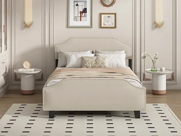 Upholstered Linen Queen Bed Frame Platform and Curved Headboard bedepot