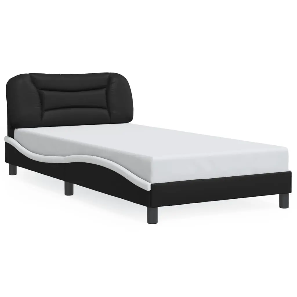 Black and White Faux Leather Bed Frame without Mattress 39.4x74.8 Inches