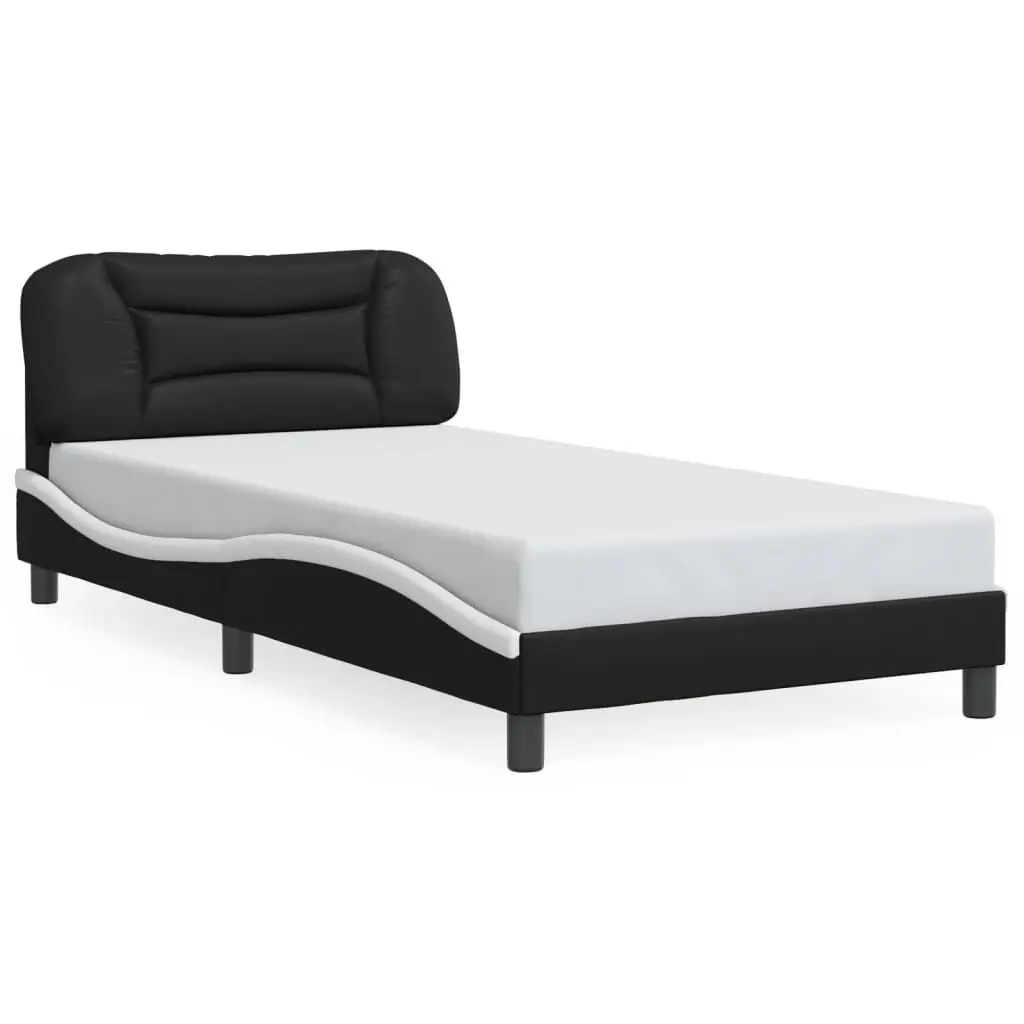 Black and White Faux Leather Bed Frame without Mattress 39.4x79.9 Inches