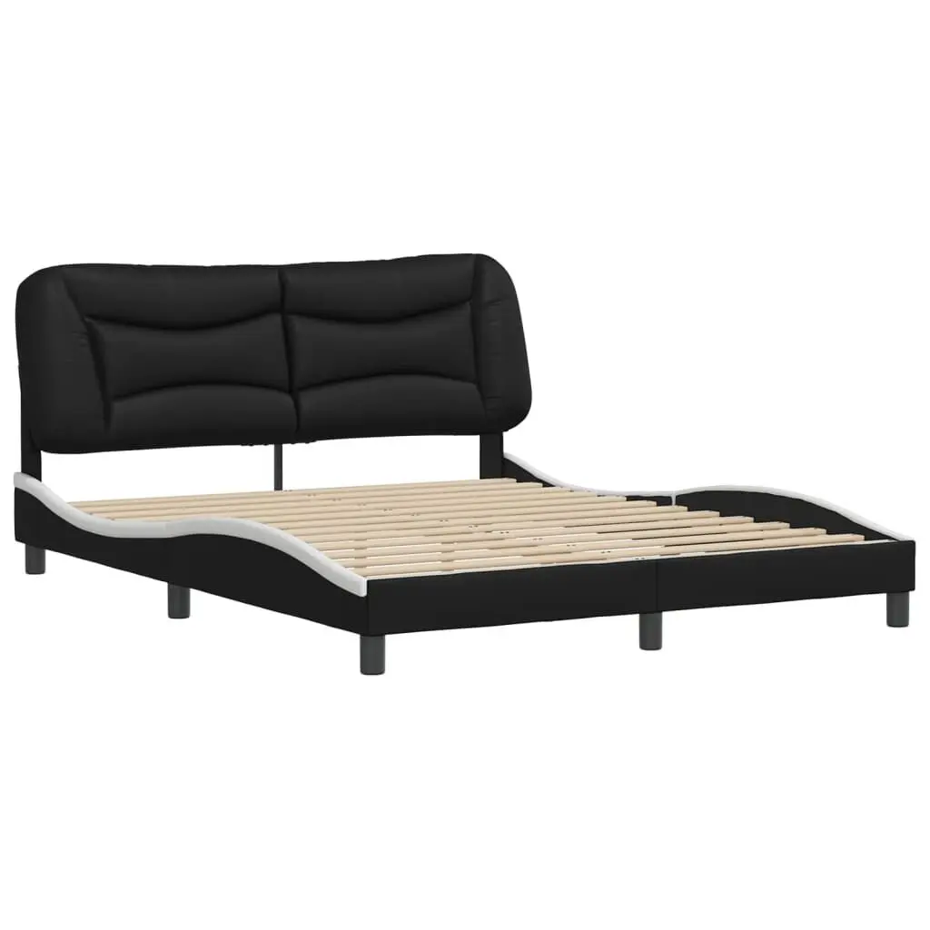 Black and White Faux Leather Bed Frame without Mattress 59.8x79.9 Inches