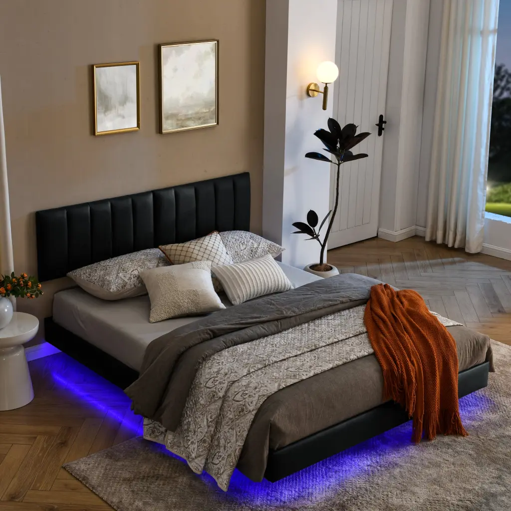 Queen Floating Bed Frame LED Lights And Wall Mounted Headboard Modern Bedroom Furniture chuangyuan smart home