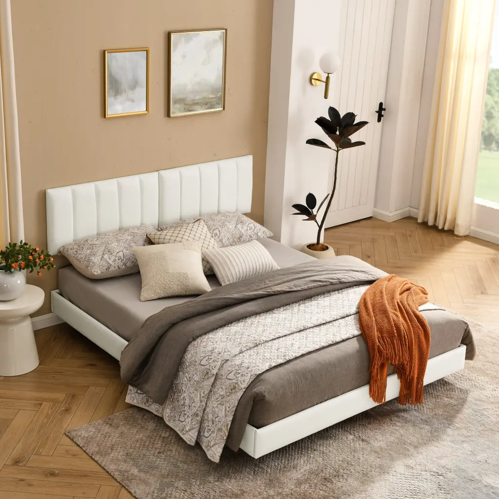 Queen Floating Bed Frame Wall Mounted Headboard Modern Low Profile Design chuangyuan smart home