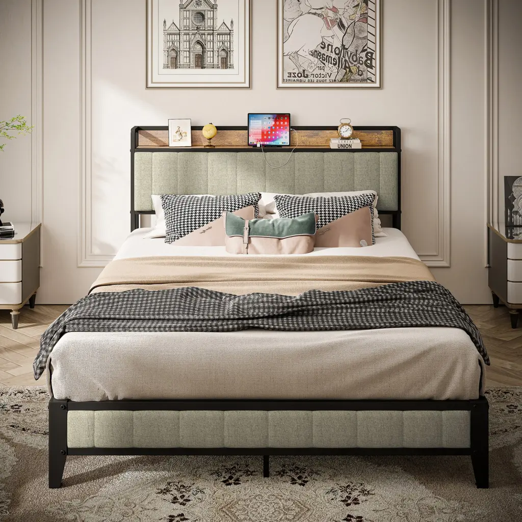 Full Size Upholstered Bed Frame Charging Station and Headboard f-concept