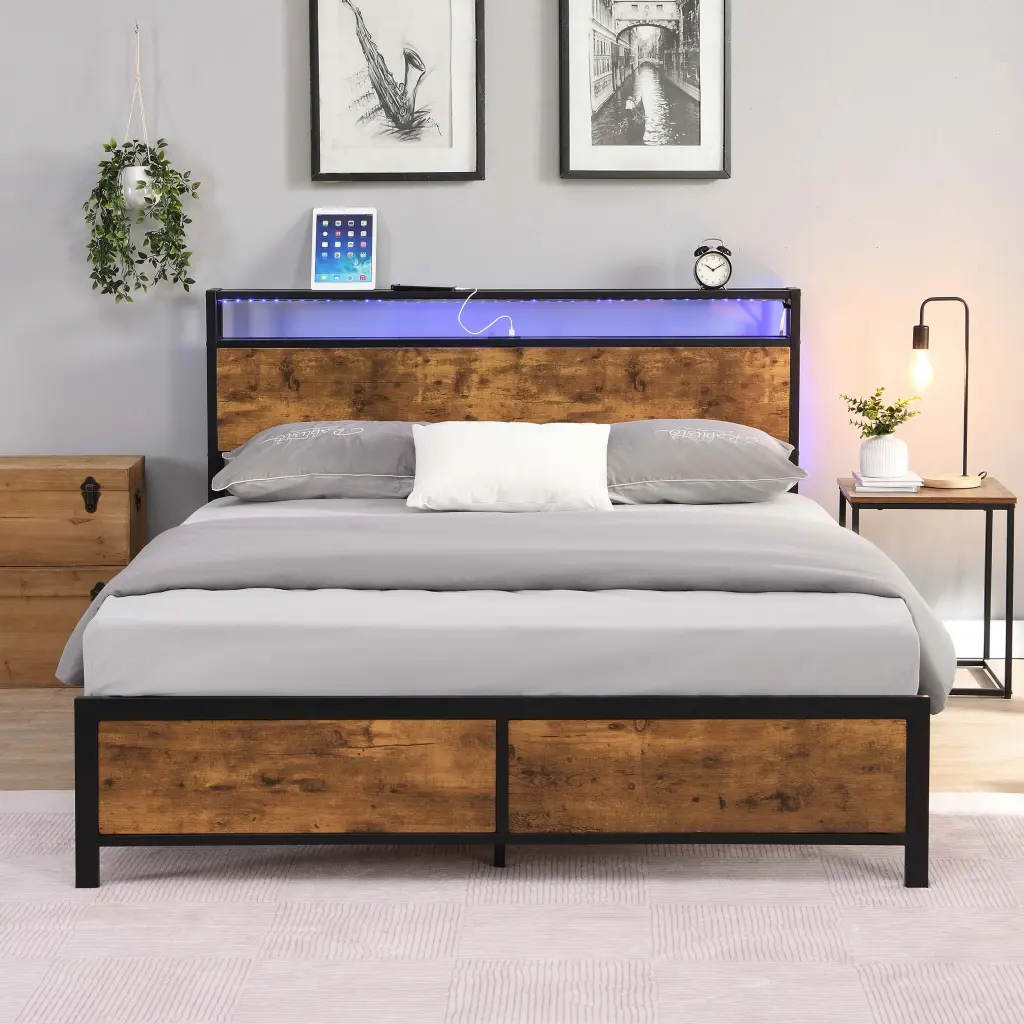 Industrial Full Bed Frame LED Lights And 2 USB Ports flyx furniture