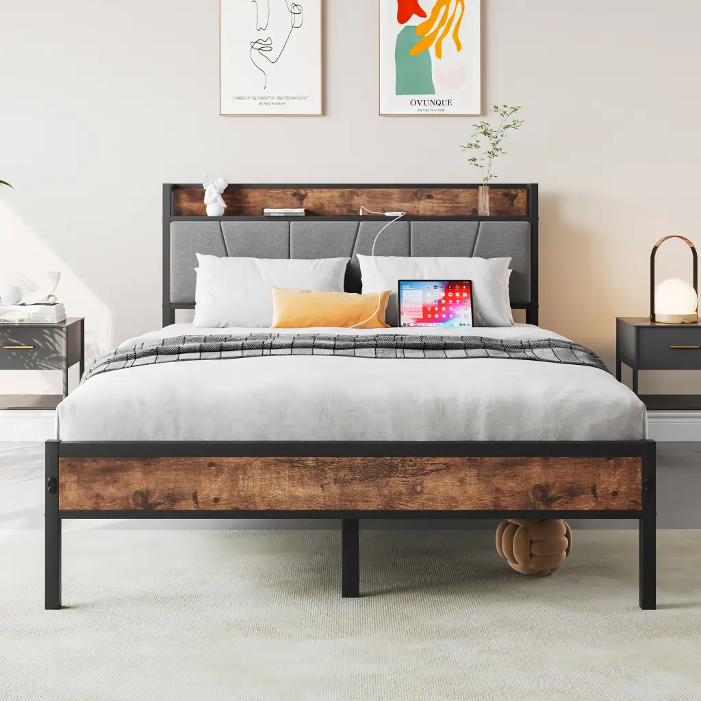 Full Dimensions Bed Frame Storage Headboard Charging Station Solid Wood home furniture