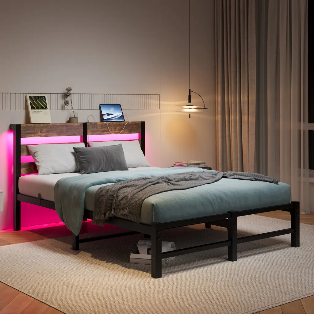 Full Size Metal Bed Frame Wooden Headboard RGB Lights Charger home furniture