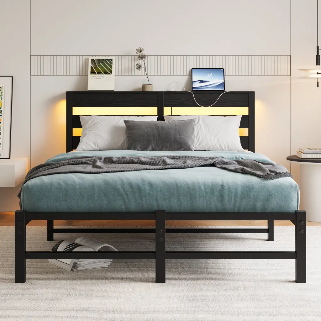 Full Size Metal Bed Frame Wooden Headboard, RGB Lights, and Outlets home furniture