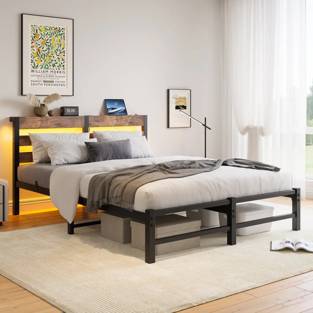 Queen Dimensions Metallic Bed Frame Timberen Headboard RGB Lights Charger home furniture