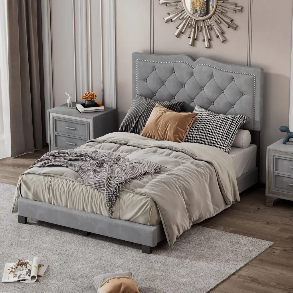 Full Upholstered Bed Frame Rivet Design Modern Velvet Platform homey life