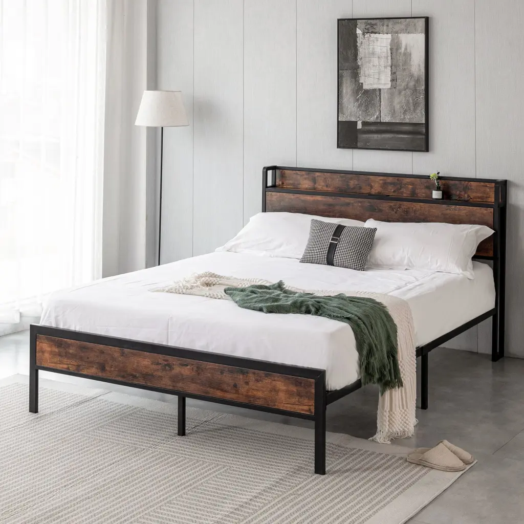 Black Full Metallic Bed Frame Timber Headboard and Footboard Bedroom honghai furniture