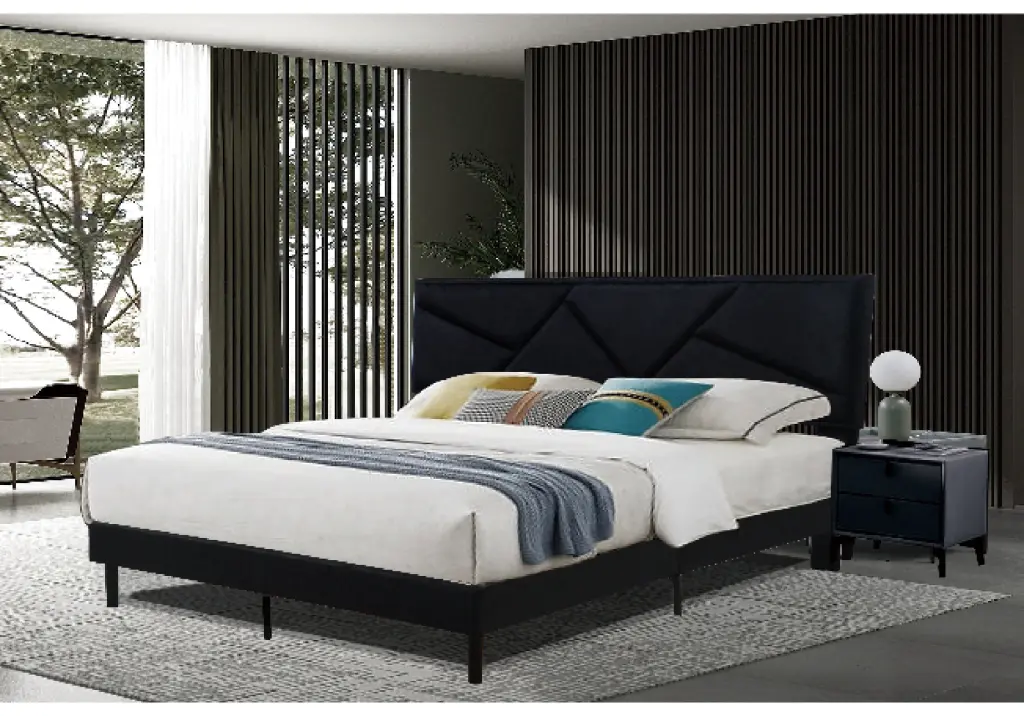 Single Bed Frame Padded Headboard Linen Material Wrapped Wooden Slats husen smart home