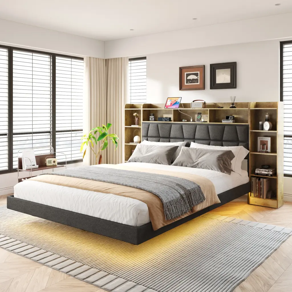 Floating Queen Bed Frame LED Light And Bookcase Storage Headboard jhomier furniture