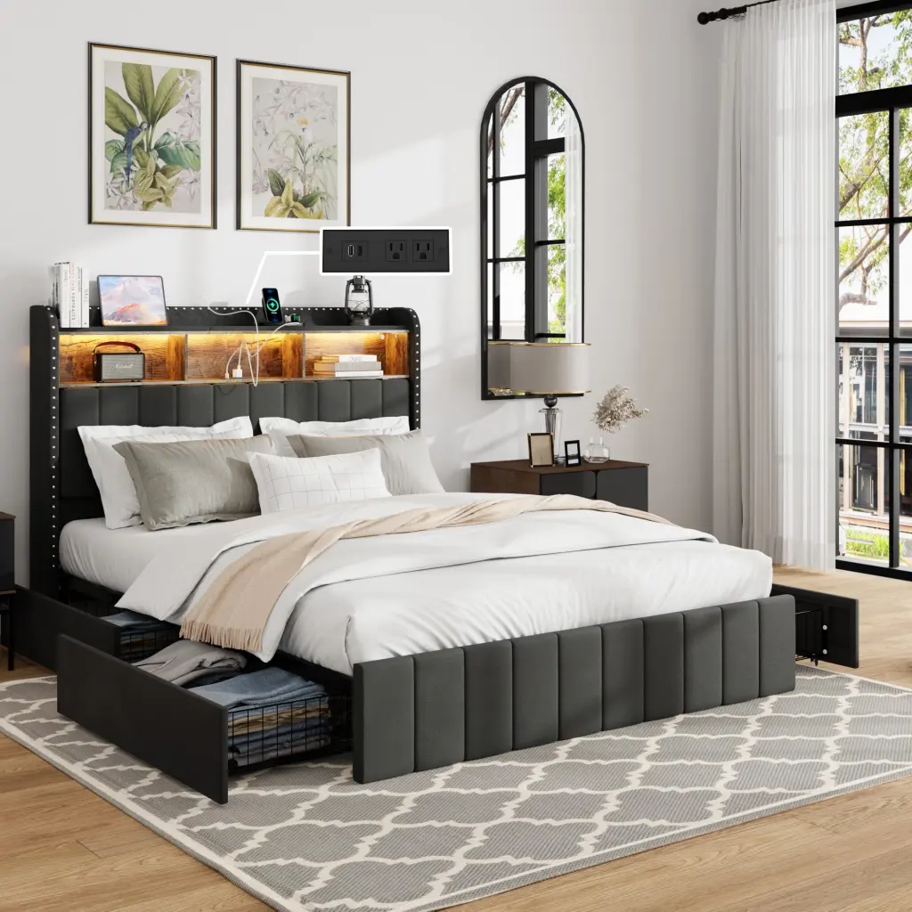 Queen Bed Frame Storage Headboard and 47.2 Inch Wooden Frame jhomier furniture