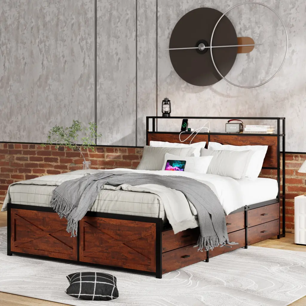 Queen Bed Frame Storage Headboard and 12 Drawers LED Lights jhomier furniture