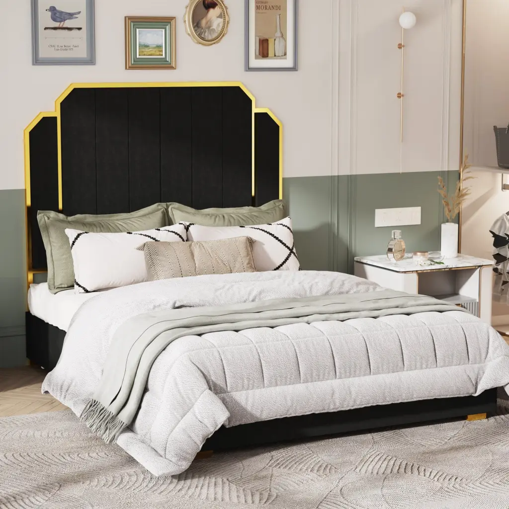 Queen Dimensions Bed Frame 59.06 Inch Headboard Upholstered Precious Metal jhomier furniture