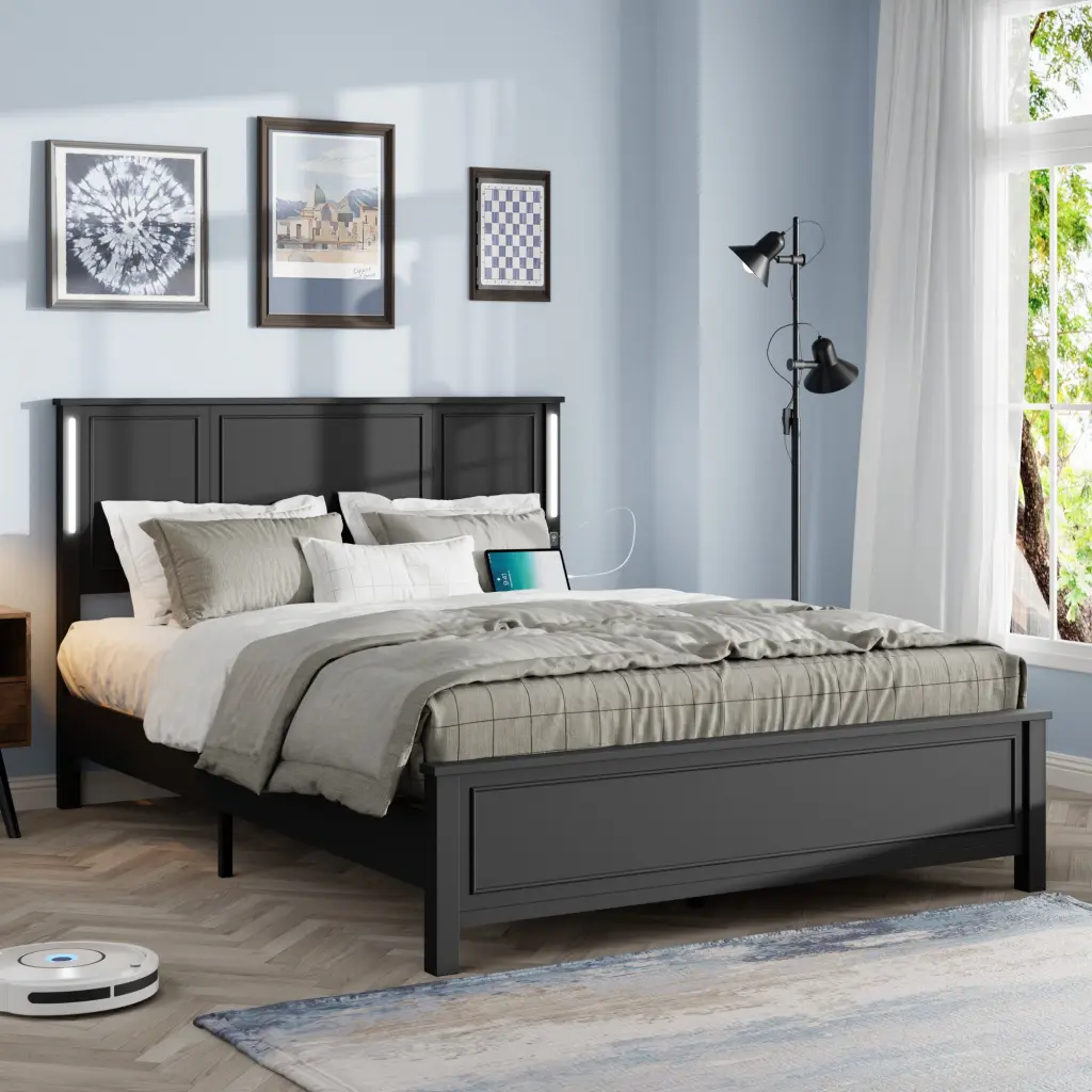 Queen Size Platform Bed Frame Wood Headboard and Footboard jhomier furniture