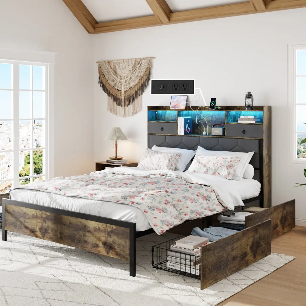 Queen Size Upholstered Bed Frame Drawers and USB Charging Station jhomier furniture