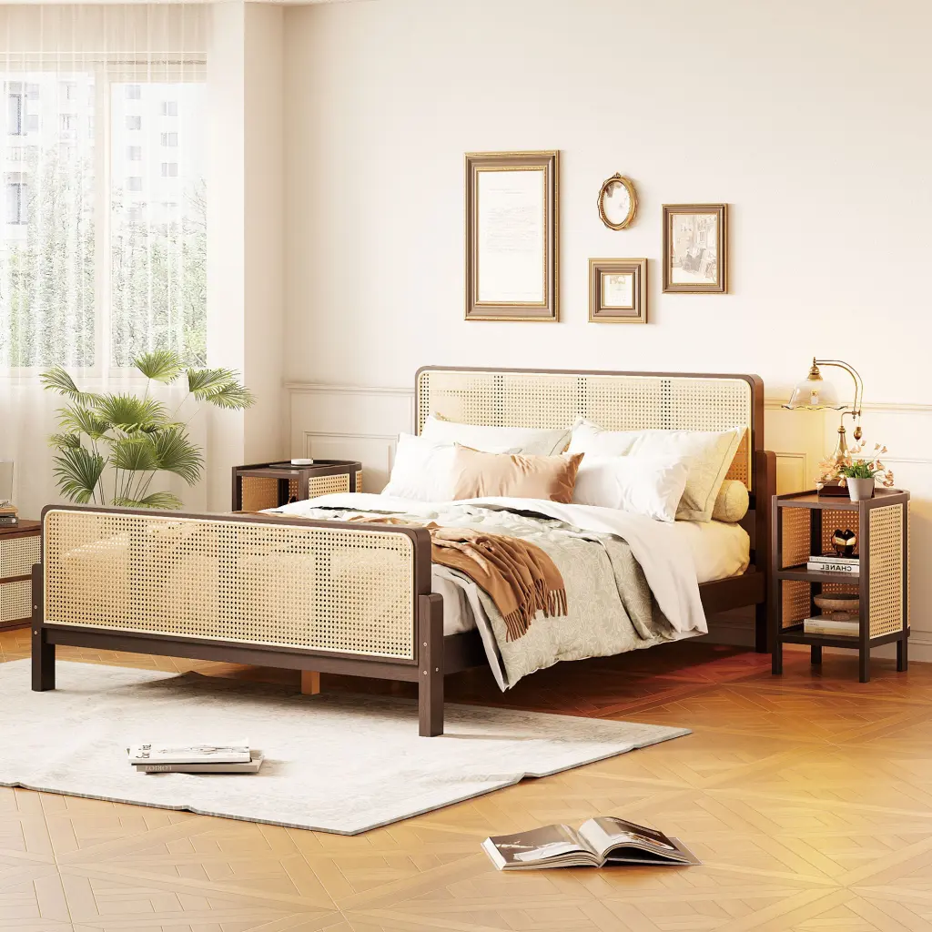 3 Pieces Rattan Platform Full Bed 2 Nightstands Walnut Finish lucky furniture