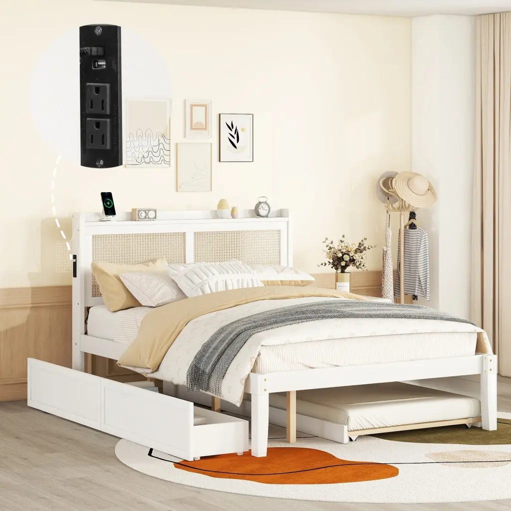 Queen Size Elegant Bed Frame Rattan Headboard And Sockets White lucky furniture