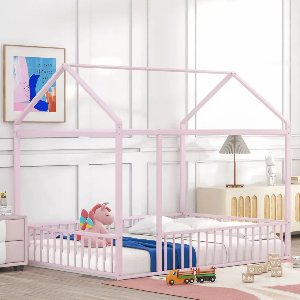 Full Size Metal Bed Frame Fence Kids, Teens and Girls lucky world