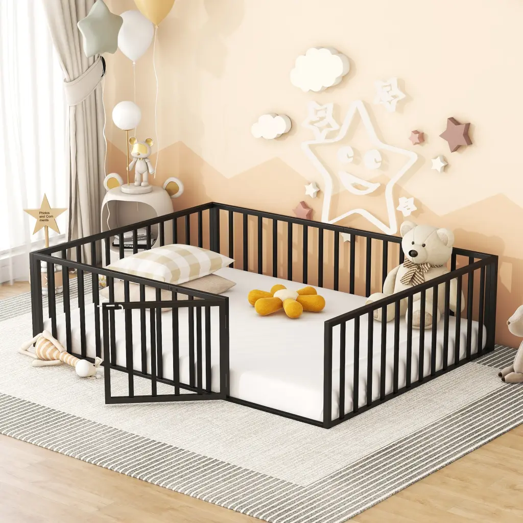 Queen Size Metal Floor Bed Frame Fence and Door Black lucky world