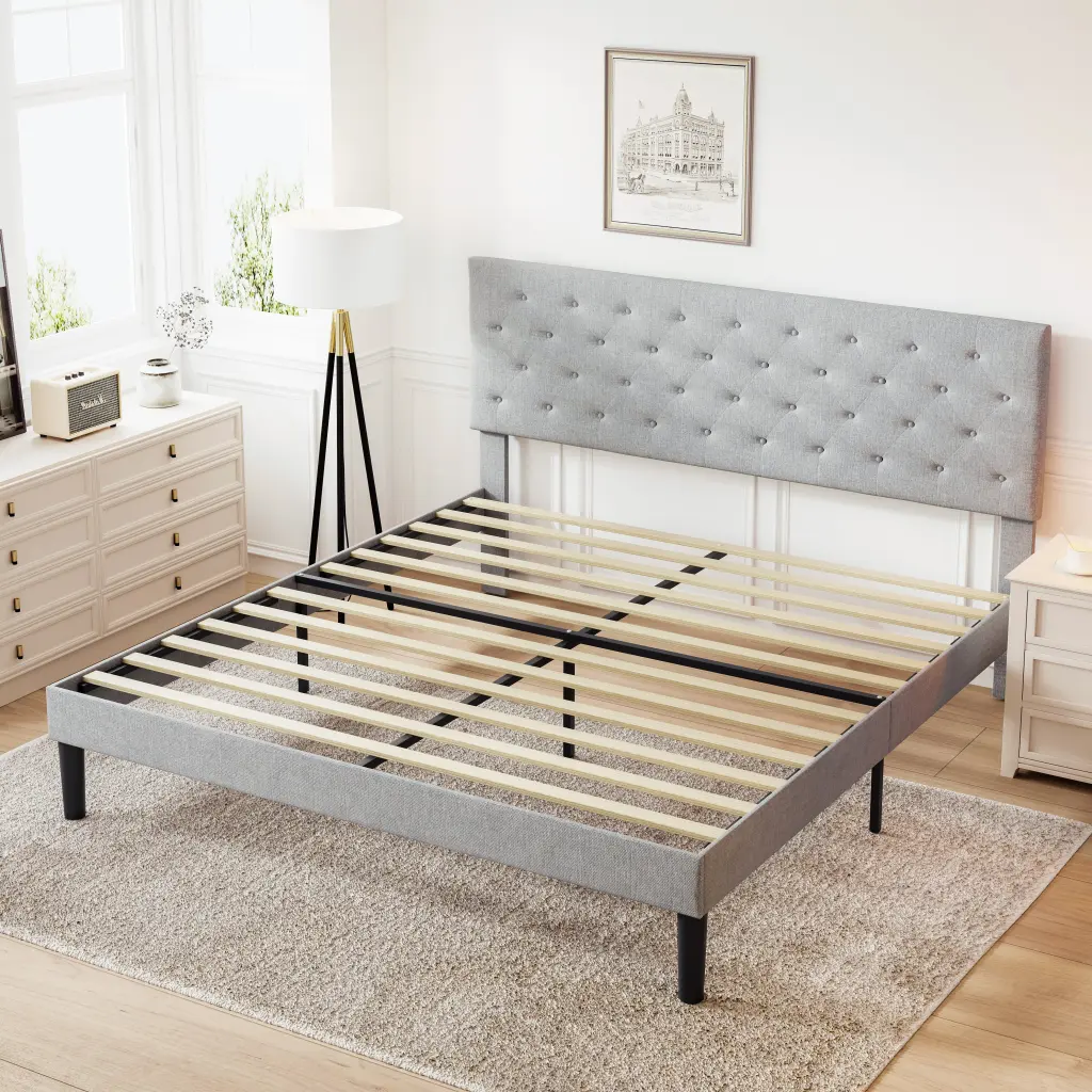 Effortless King Dimensions Grey Bed Frame Customizable Headboard Box Spring Not Required rnb