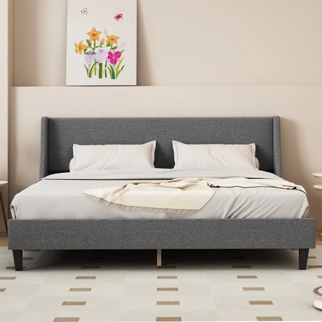 King Size Bed Frame Upholstered Bed Frame Platform ,Non Adjustable Hea sarkozy