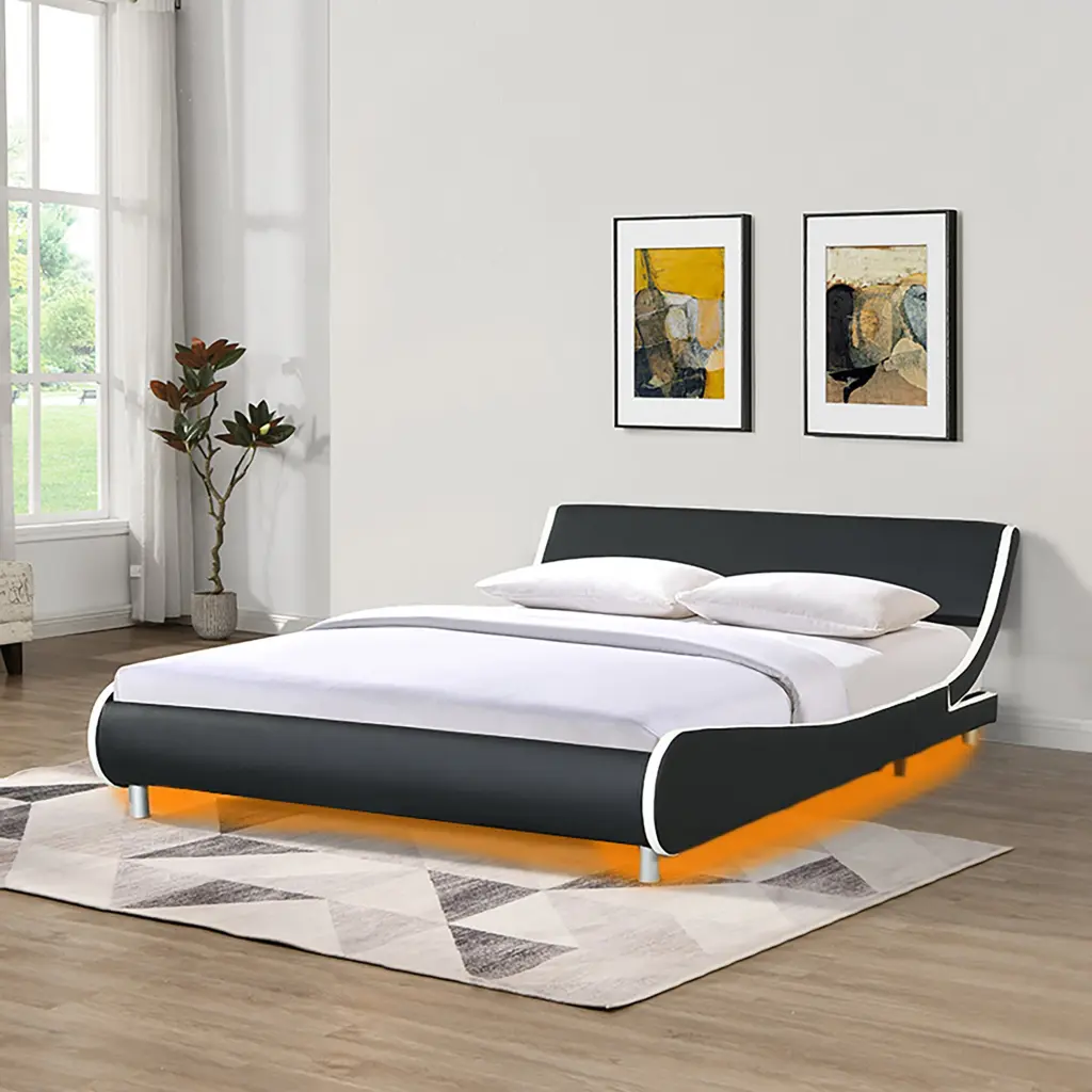 Faux Hide Upholstered Platform Bed Frame LED Lighting Remote smart house
