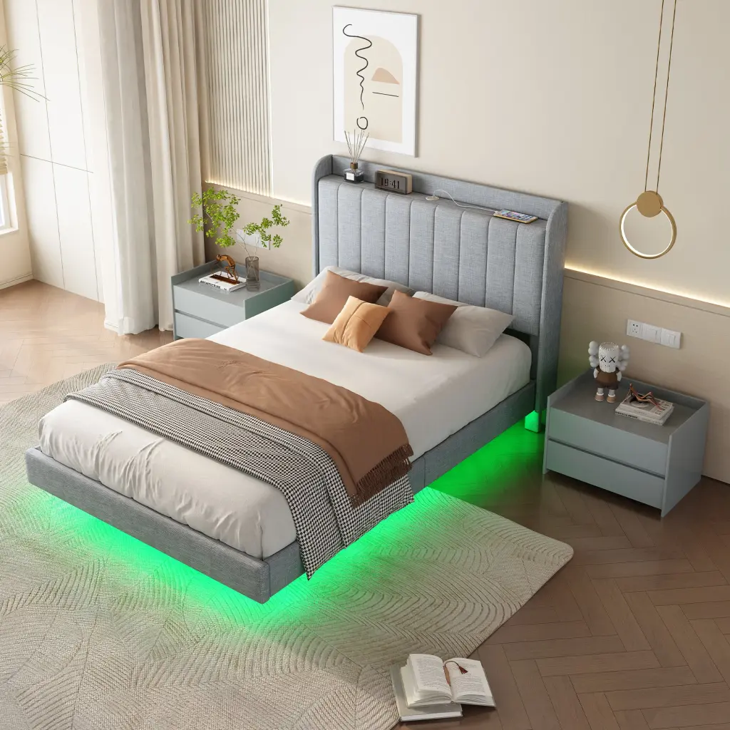 Full Size Floating Bed Frame Remote Regulation LED Lights App Control vinnas