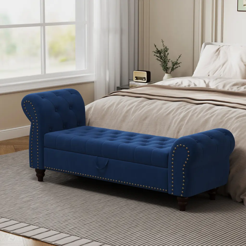 64.5 Bed Bench Bedroom Nails Tufted Chaise Lounge Storage Ottoman hdf store