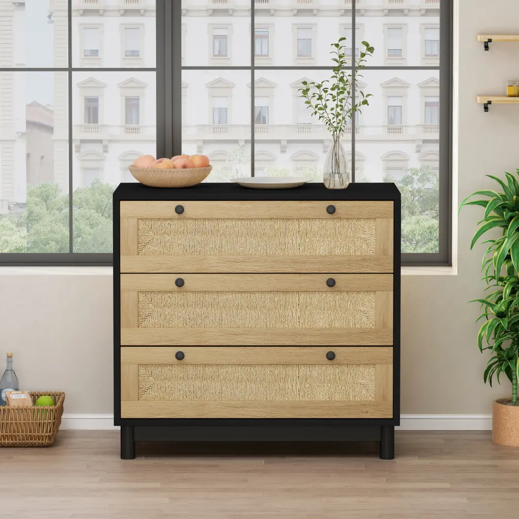 30.31 Inch 3 Drawers Storage Cabinet Rope Woven Drawer Bedroom Living Room spribung