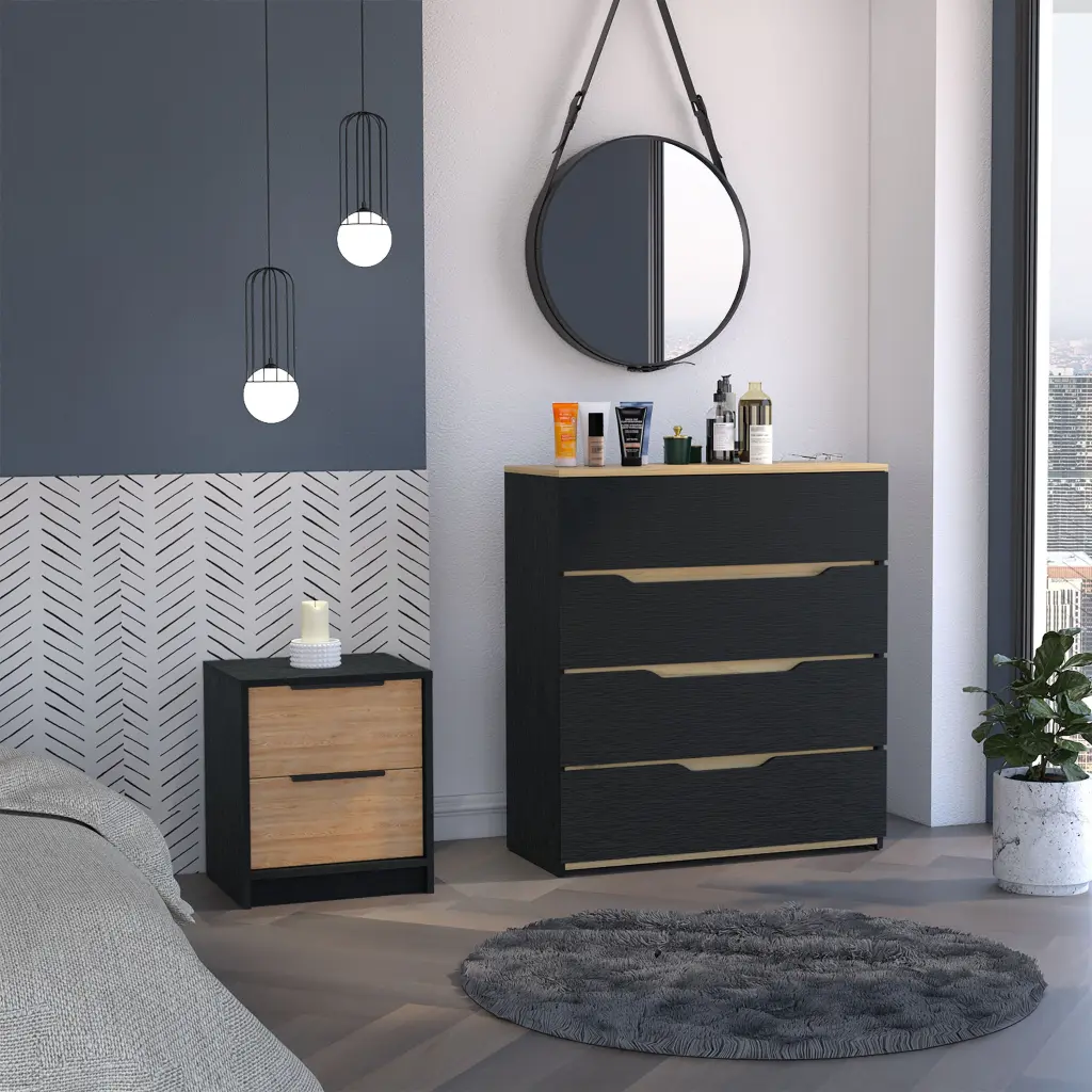 Medella 2 Piece Bedroom Set - Nightstand and Dresser Black Pine furniture max