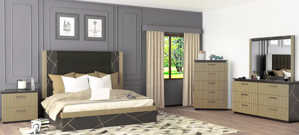 Allure Modern Style 5 Piece Queen Bedroom Set Mango Wood Finish Bed Dresser Nightstands galaxy home furnishings