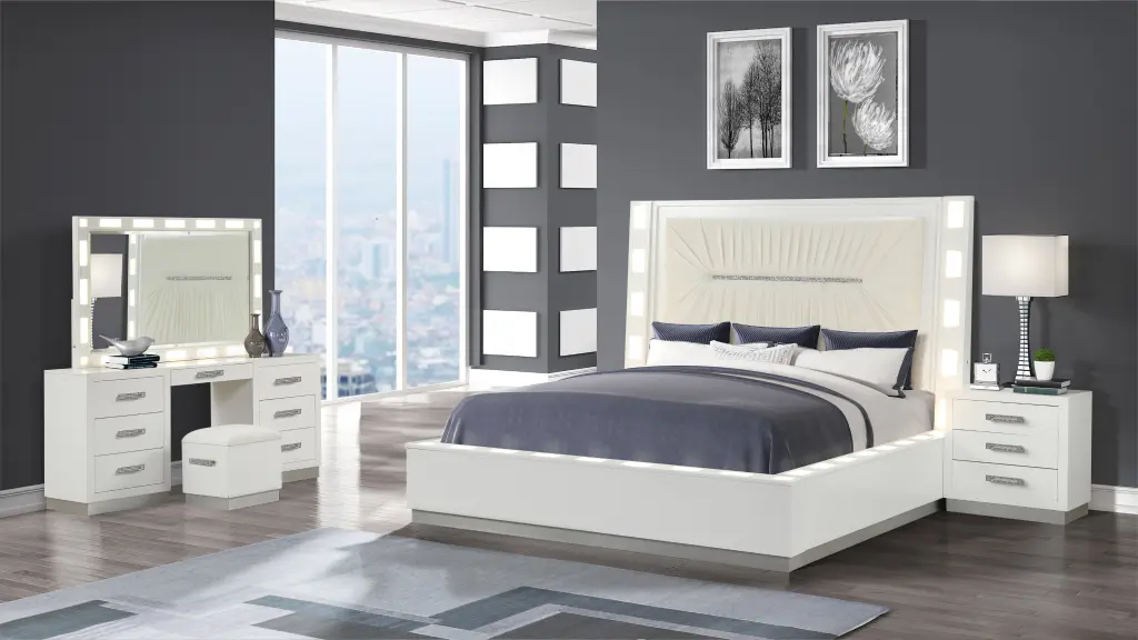Coco Queen 4 Piece Vanity LED Bedroom Set Milky White Timber Finish galaxy home furnishings