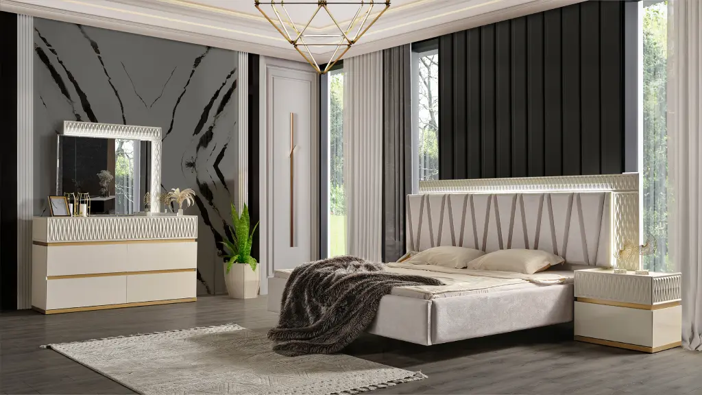 Delfano Modern Style 4 Piece Queen Bedroom Set Wood Beige Finish galaxy home furnishings